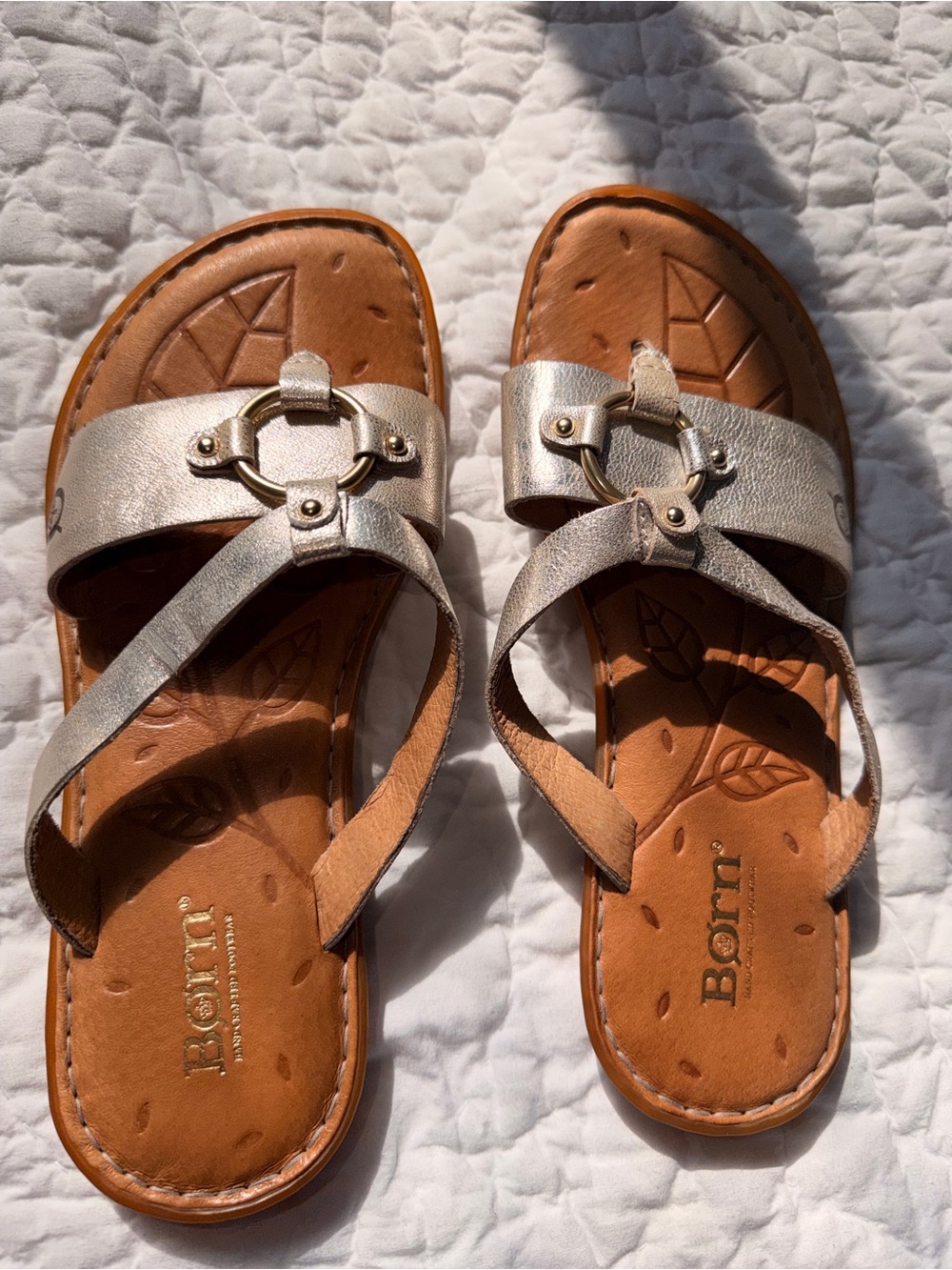 Born Silver Leather Ring-Accent Slide Sandals